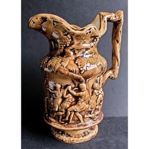 Vintage Ceramic Bacchus Relief Pitcher Figures Dancing Scene Majolica Signed